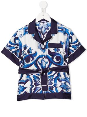 Dolce & Gabbana Kids Majolica-print belted shirt - Blue