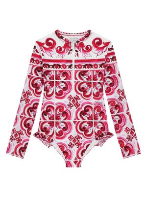 Dolce & Gabbana Kids Majolica print long-sleeve swimsuit - Red