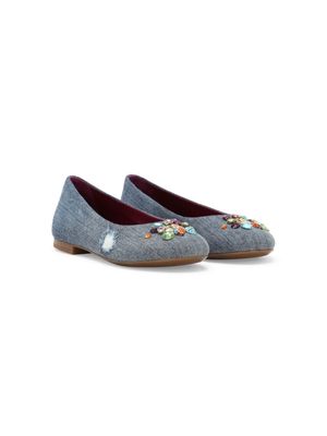 Dolce & Gabbana Kids rhinestone-embellished denim ballerina shoes - Blue