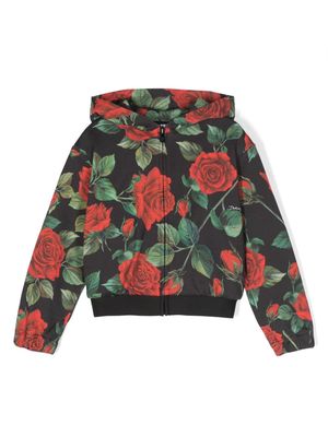 Dolce & Gabbana Kids rose-print hooded jacket - Black
