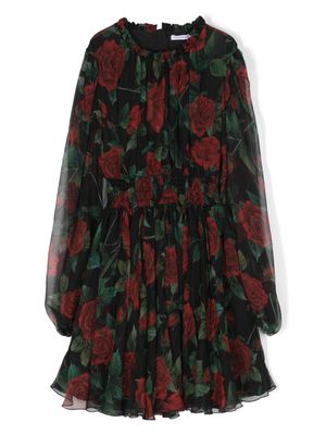 Dolce & Gabbana Kids rose-print layered silk dress - Black