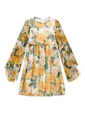 Dolce & Gabbana Kids rose-print long-sleeve dress - Yellow