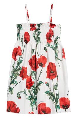 Dolce & Gabbana Kids' Smocked Poppy Print Cotton Poplin Sundress in White Multiprint