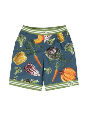 Dolce & Gabbana Kids vegetable-print stripe-trim cotton shorts - Blue