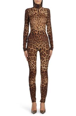 Dolce & Gabbana Kim Leopard Print Silk Stretch Chiffon Catsuit in Light Brown Print