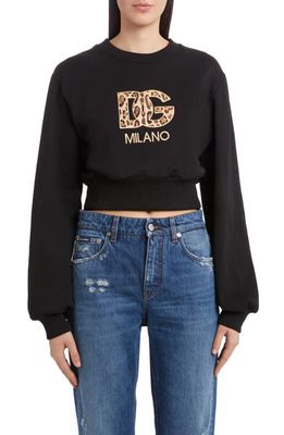 Dolce & Gabbana Leopard Print Logo Crop Cotton Sweatshirt in Black