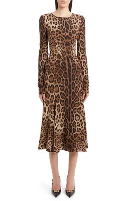 Dolce & Gabbana Leopard Print Long Sleeve Cady Midi Dress in Light Brown Print