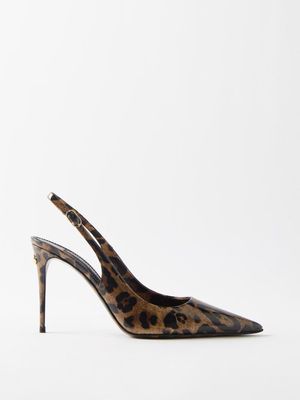 Dolce & Gabbana - Leopard-print Patent-leather Slingback Pumps - Womens - Leopard Print