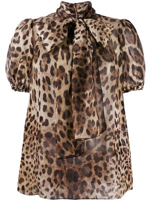 Dolce & Gabbana leopard-print pussy-bow organza blouse - Brown