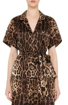 Dolce & Gabbana Leopard Print Tie Waist Satin Blouse in Light Brown