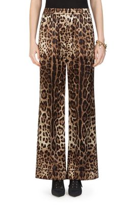Dolce & Gabbana Leopard Print Wide Leg Stretch Silk Satin Pajama Pants in Light Brown