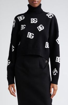 Dolce & Gabbana Logo Intarsia Crop Virgin Wool Turtleneck Sweater in Nero/Bianco