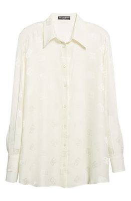 Dolce & Gabbana Logo Jacquard Long Sleeve Silk Button-Up Blouse in Natural White