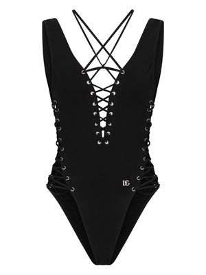 Dolce & Gabbana logo-lettering tie-fastening swimsuit - Black
