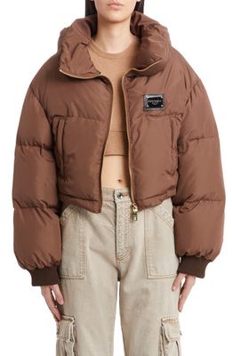Dolce & Gabbana Logo Patch Stand Collar Crop Puffer Jacket in Brown