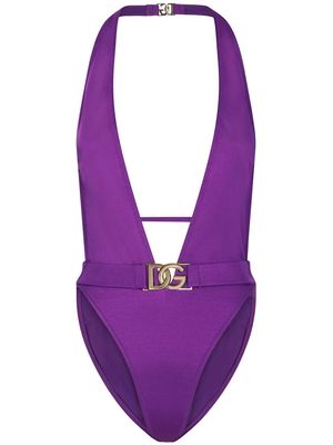 Dolce & Gabbana logo-plaque halterneck swimsuit - Purple