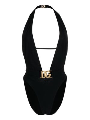 Dolce & Gabbana logo-plaque plunge swimsuit - Black