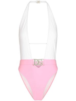 Dolce & Gabbana logo-plaque plunging-neck swimsuit - White