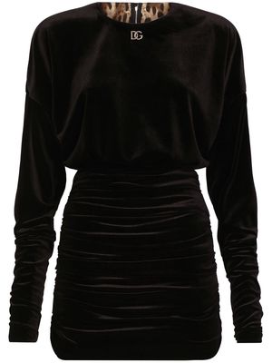 Dolce & Gabbana logo-plaque ruched long-sleeve dress - Black
