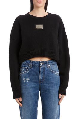 Dolce & Gabbana Logo Plaque Virgin Wool & Cashmere Crop Sweater in Black