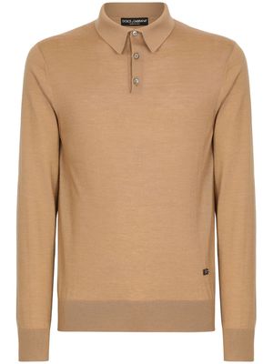 Dolce & Gabbana logo-tag silk-cashmere polo shirt - Brown