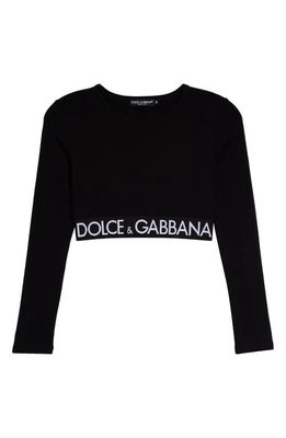 Dolce & Gabbana Logo Waistband Long Sleeve Stretch Cotton Crop Top in N0000 Nero