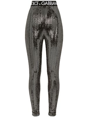 Dolce & Gabbana logo-waistband sequin-embellished leggings - Silver