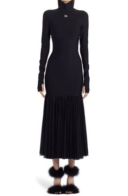 Dolce & Gabbana Long Sleeve Scuba Knit & Tulle Turtleneck Midi Dress in Nero