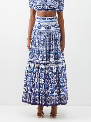 Dolce & Gabbana - Majolica-print Cotton-polin Maxi Skirt - Womens - Blue White