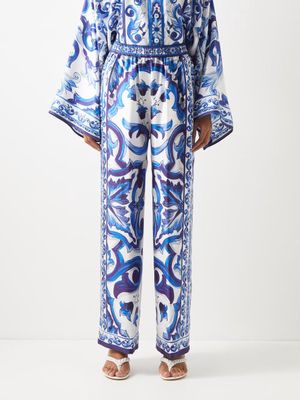 Dolce & Gabbana - Majolica-print Silk-faille Trousers - Womens - Blue White