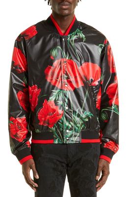 Dolce & Gabbana Men's Floral Faux Leather Bomber Jacket in Papaveri Fdo.nero