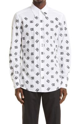 Dolce & Gabbana Men's Martini Fit Allover DG Logo Print Cotton Button-Up Shirt in Optical White
