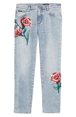 Dolce & Gabbana Men's Plower Patch Regular Fit Stretch Jeans in Light Blue Multi