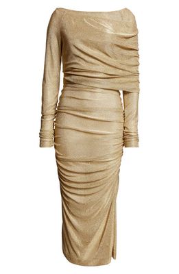 Dolce & Gabbana Metallic Ruched Long Sleeve Midi Dress in Gold