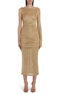 Dolce & Gabbana Metallic Ruched Single Long Sleeve Midi Dress in Gold
