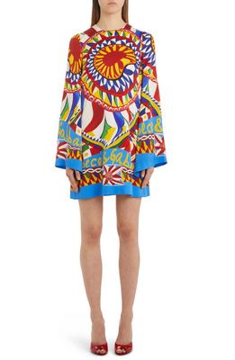 Dolce & Gabbana Mixed Print Long Sleeve Stretch Silk Dress in Red Multicolor