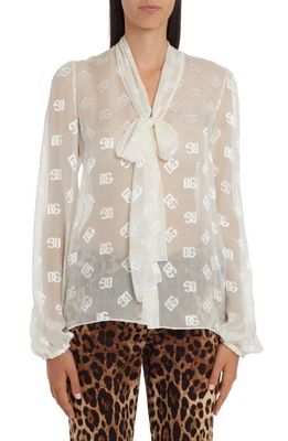 Dolce & Gabbana Monogram Pussy Bow Chiffon Blouse in Natural White