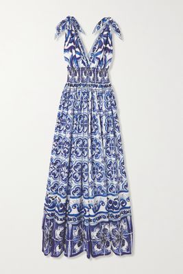 Dolce & Gabbana - Open-back Shirred Printed Cotton-poplin Maxi Dress - Blue
