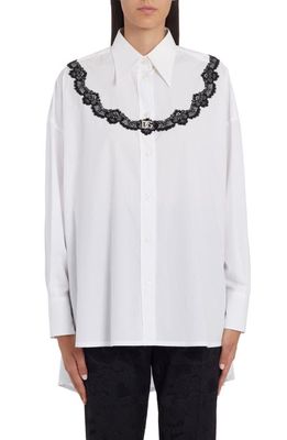 Dolce & Gabbana Oversize Lace Yoke High-Low Cotton Blend Button-Up Shirt in Optic White