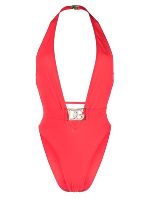 Dolce & Gabbana plunge-neck halterneck swimsuit - Red