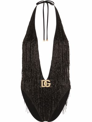 Dolce & Gabbana plunging V-neck logo-plaque swimsuit - Black