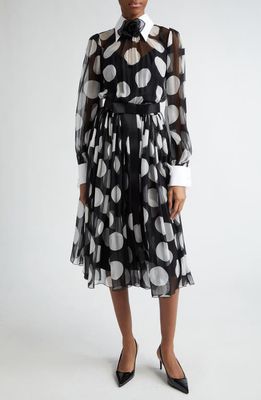 Dolce & Gabbana Polka Dot Long Sleeve Belted Chiffon Midi Dress in Bianco Dot Nero