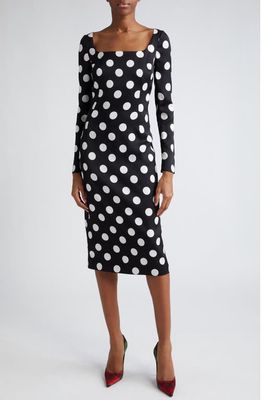 Dolce & Gabbana Polka Dot Long Sleeve Charmeuse Sheath Dress in Nero