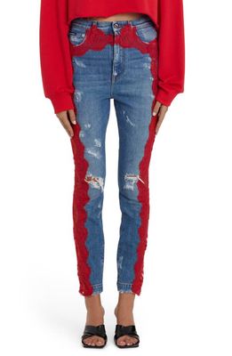 Dolce & Gabbana Red Lace Appliqué Distressed Skinny Jeans in Light Blue
