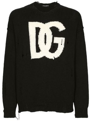 Dolce & Gabbana ripped-detail intarsia-knit logo sweater - Black
