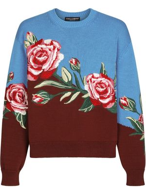 Dolce & Gabbana rose-embroidered cotton jumper - Blue