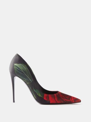 Dolce & Gabbana - Rose-print 110 Satin Point-toe Pumps - Womens - Red Black