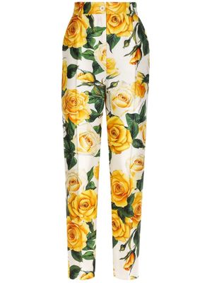 Dolce & Gabbana rose-print high-waisted trousers - White