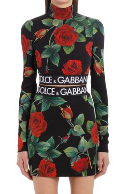 Dolce & Gabbana Rose Print Mock Neck Stretch Silk Crop Top in Hn2Zo Rose Fdo Nero