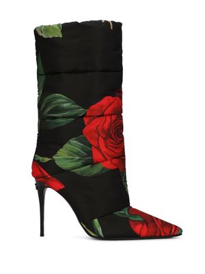 Dolce & Gabbana rose-print padded boots - Black